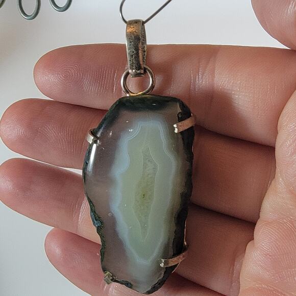 Green Agate Stalactite Pendant – Raw Slice Necklace + 20" Silver Snake Chain - Picture 3 of 10